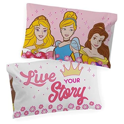  Jay Franco Disney Princess Live Your Story Glow in The Dark 2 Pack Reversible Pillowcases Features Princess Aurora, Belle, & Cinderella Double Sided Kids Super Soft Bedding (Official Disney