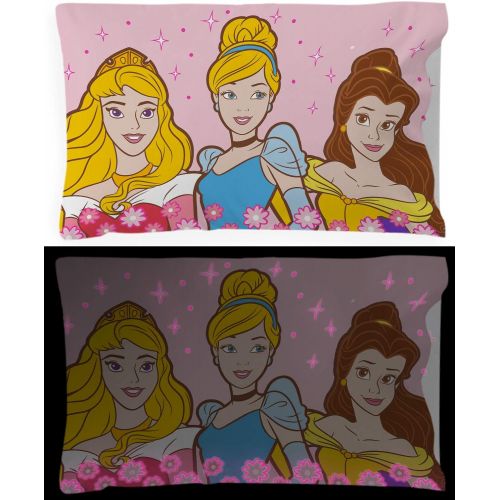  Jay Franco Disney Princess Live Your Story Glow in The Dark 2 Pack Reversible Pillowcases Features Princess Aurora, Belle, & Cinderella Double Sided Kids Super Soft Bedding (Official Disney