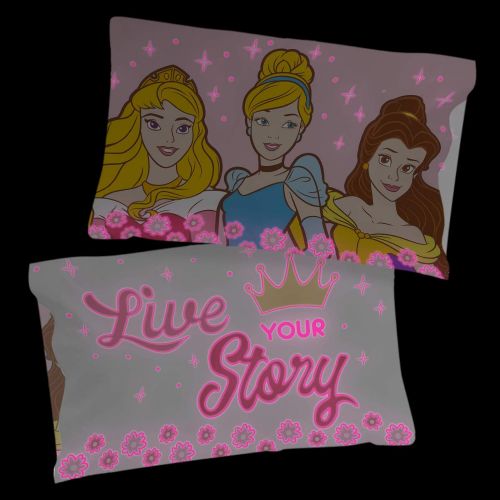  Jay Franco Disney Princess Live Your Story Glow in The Dark 2 Pack Reversible Pillowcases Features Princess Aurora, Belle, & Cinderella Double Sided Kids Super Soft Bedding (Official Disney