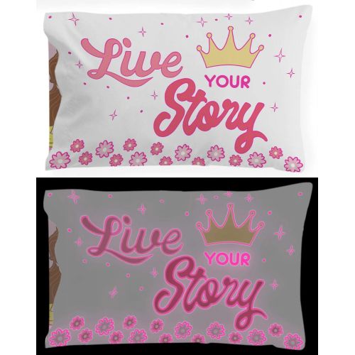  Jay Franco Disney Princess Live Your Story Glow in The Dark 2 Pack Reversible Pillowcases Features Princess Aurora, Belle, & Cinderella Double Sided Kids Super Soft Bedding (Official Disney