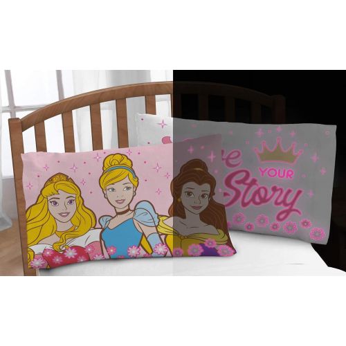  Jay Franco Disney Princess Live Your Story Glow in The Dark 2 Pack Reversible Pillowcases Features Princess Aurora, Belle, & Cinderella Double Sided Kids Super Soft Bedding (Official Disney