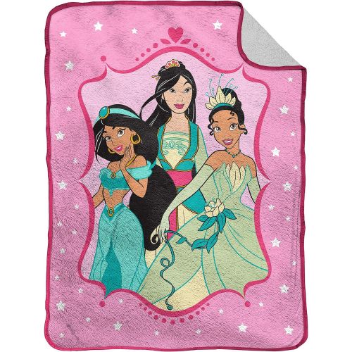  Jay Franco Disney Princess Sherpa Blanket Measures 60 x 80 inches, Kids Bedding Features Princess Jasmine, Mulan, & Tiana Fade Resistant Super Soft (Official Disney Product)