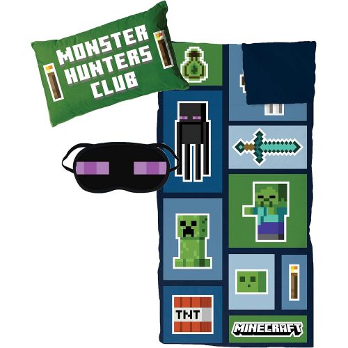  [아마존베스트]Jay Franco Minecraft Creeper 3 Piece Sleepover Set - Cozy & Warm Kids Slumber Bag with Pillow & Eye Mask (Official Minecraft Product)