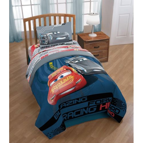  Jay Franco Disney/Pixar Cars 3 Movie Editorial Blue/Gray Twin/Full Reversible Comforter with Lightning McQueen & Jackson Storm (Official Disney/Pixar Product)