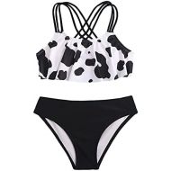 Jchen Girls Swimwear Two Piece Tankini Swimsuits for Girls Cow Print Ruffle Flounce Top with Bottoms Bikini Swimwear Bathing Suits 8-12 Years