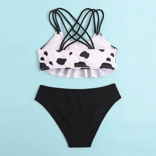  Jchen Girls Swimwear Two Piece Tankini Swimsuits for Girls Cow Print Ruffle Flounce Top with Bottoms Bikini Swimwear Bathing Suits 8-12 Years