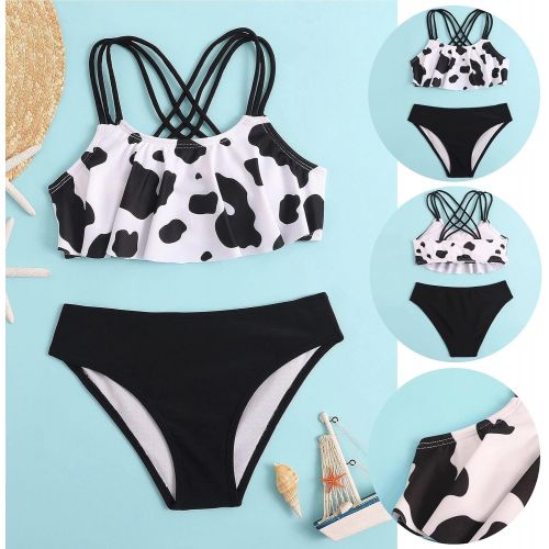  Jchen Girls Swimwear Two Piece Tankini Swimsuits for Girls Cow Print Ruffle Flounce Top with Bottoms Bikini Swimwear Bathing Suits 8-12 Years