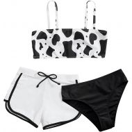 Jchen Girls Swimwear Tankini Swimsuits for Girls Cow Print Swimwear Bathing Suit Bikini Bandeau Top with Boyshorts Briefs 8-12 Years