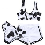 Jchen Girls Swimwear 3 Piece Tankini Swimsuits for Girls Cow Print Bikini Crop Top with Boyshorts Briefs Swimwear Bathing Suits for 8-12 Years
