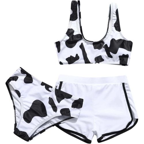  Jchen Girls Swimwear 3 Piece Tankini Swimsuits for Girls Cow Print Bikini Crop Top with Boyshorts Briefs Swimwear Bathing Suits for 8-12 Years