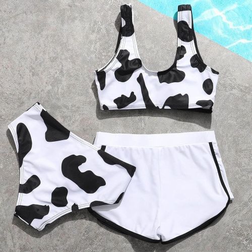  Jchen Girls Swimwear 3 Piece Tankini Swimsuits for Girls Cow Print Bikini Crop Top with Boyshorts Briefs Swimwear Bathing Suits for 8-12 Years