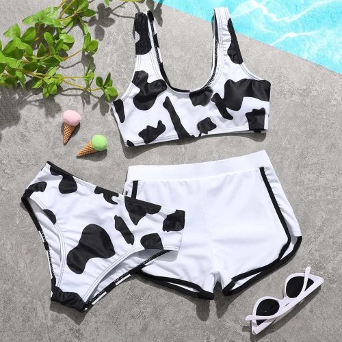  Jchen Girls Swimwear 3 Piece Tankini Swimsuits for Girls Cow Print Bikini Crop Top with Boyshorts Briefs Swimwear Bathing Suits for 8-12 Years