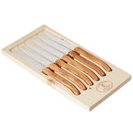 Jean Dubost 6 Steak Knives With Rustic Range Handles In a Box, Olive Wood