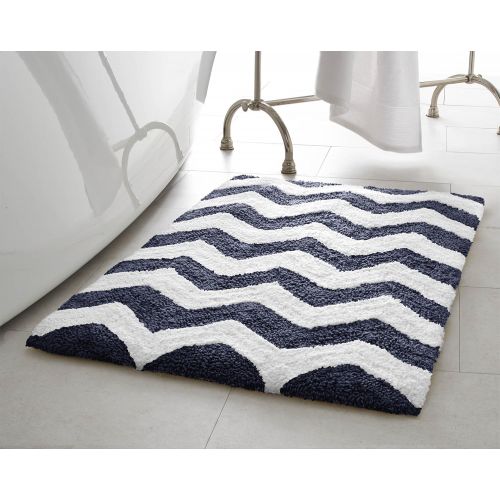  Jean Pierre New York Jean Pierre Reversible Cotton ZigZag 2-Piece Bath Rug Set, Denim Blue