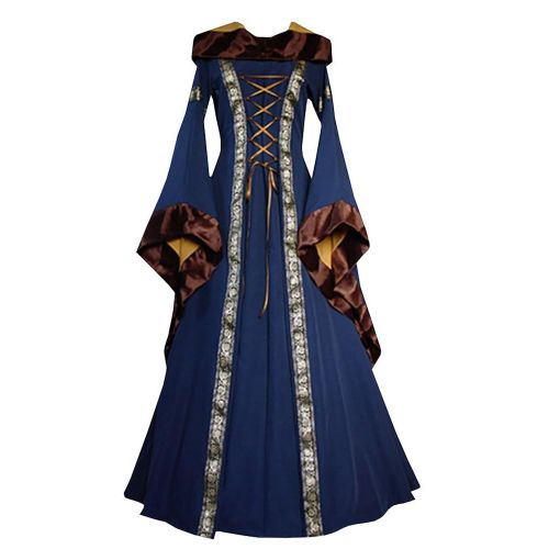  Jeanewpole1 Womens Renaissance Vintage Halloween Costumes MedievalLong Sleeve Lace Up Retro Long Dresses