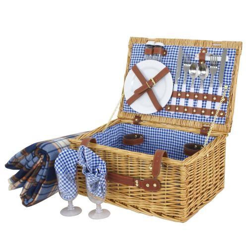  JedaJeda Wicker Picnic Basket For 2 Person Hamper Set W/Cutlery, Plates, Blanket, Glasses