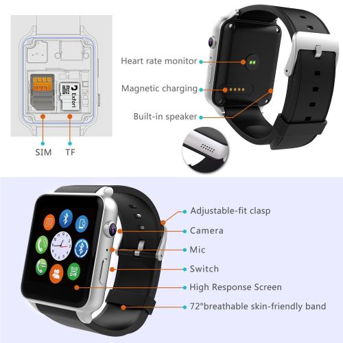  Jedy Bluetooth Heart Rate Smart Watch Phone for Iphone Ios Android With SIM Card Camera Sync Whatsapp Facebook Twitter Compatiable Use for Iphone6s Android Phone Samsung 6 Edge plu