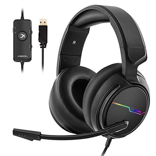  Jeecoo Xiberia USB Pro Gaming Headset for PC- 7.1 Surround Sound Headphones with Noise Cancelling Microphone- Memory Foam Ear Pads RGB Lights for Laptops