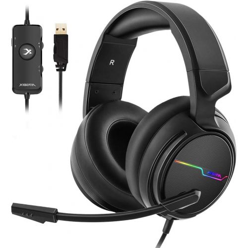  Jeecoo Xiberia USB Pro Gaming Headset for PC- 7.1 Surround Sound Headphones with Noise Cancelling Microphone- Memory Foam Ear Pads RGB Lights for Laptops