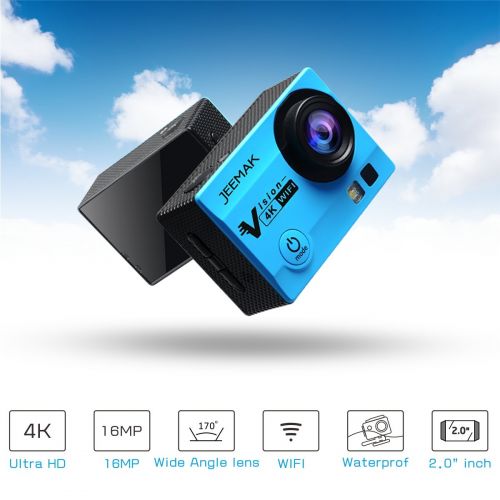  Jeemak JEEMAK 4K Action Cam 16MP WiFi Waterproof Sports Camera 170° Ultra Wide Angle Len with Remote Control 2 Pcs Rechargeable Batteries and Portable Package Blue