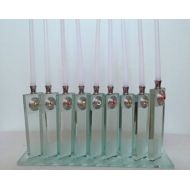 JeezumCrowVintage Modern Glass MENORAH with Candles Metallic Hardware