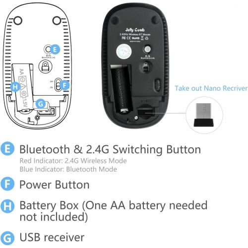  [아마존핫딜][아마존 핫딜] Bluetooth Mouse, Jelly Comb MS003 Slim Dual Mode(Bluetooth 4.0 + USB) 2.4GHz Wireless Bluetooth Mouse for Laptop, iPad, MacBook, PC- For Windows 8.0/ MacOS 10.10/ iPad OS 13/ Andro