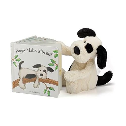  [아마존베스트]Jellycat Puppy Makes Mischief Board Book and Bashful Black and Cream Puppy, Medium 12 inches