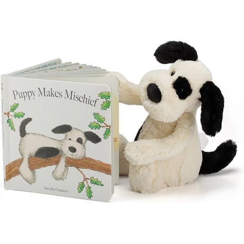  [아마존베스트]Jellycat Puppy Makes Mischief Board Book and Bashful Black and Cream Puppy, Medium 12 inches