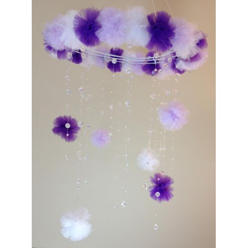  JennabooBoutique purple pom pom crystal baby mobile