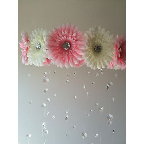  JennabooBoutique pink and white flower crystal baby mobile