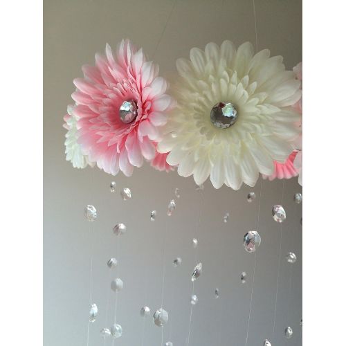  JennabooBoutique pink and white flower crystal baby mobile