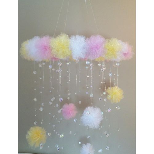  JennabooBoutique pink and yellow mobile, crystal baby mobile, princess baby mobile, princess decoration, tutu mobile, baby mobile, baby girl mobile, nursery decoration, baby girl, puff ball mobile,