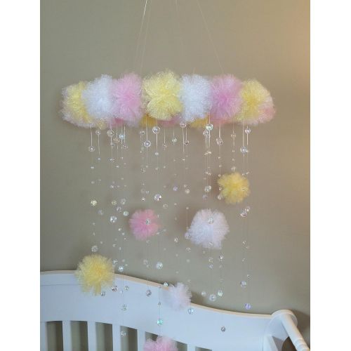  JennabooBoutique pink and yellow mobile, crystal baby mobile, princess baby mobile, princess decoration, tutu mobile, baby mobile, baby girl mobile, nursery decoration, baby girl, puff ball mobile,