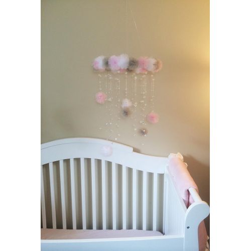  JennabooBoutique pink and grey pom pom crystal baby mobile