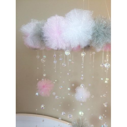  JennabooBoutique pink and grey pom pom crystal baby mobile