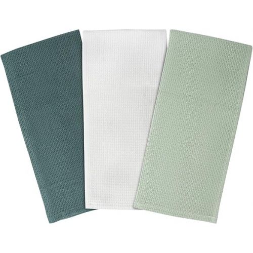  Dish Cloths Dish Towels Set, Cotton Waffle Weave Kitchen Towels, Ultra Soft Absorbent Hand Towels in Large Size, Set of 3 (Green Set)