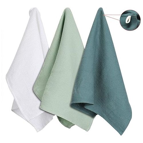  Dish Cloths Dish Towels Set, Cotton Waffle Weave Kitchen Towels, Ultra Soft Absorbent Hand Towels in Large Size, Set of 3 (Green Set)