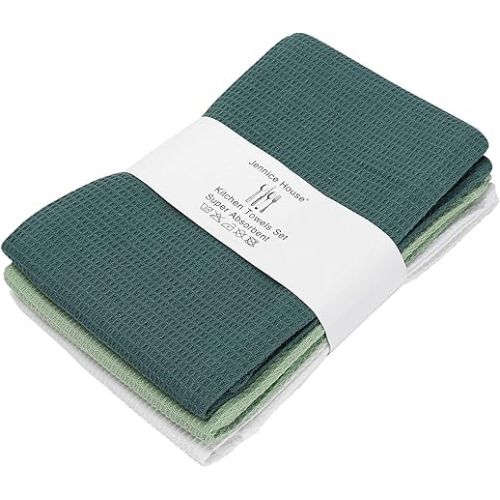  Dish Cloths Dish Towels Set, Cotton Waffle Weave Kitchen Towels, Ultra Soft Absorbent Hand Towels in Large Size, Set of 3 (Green Set)