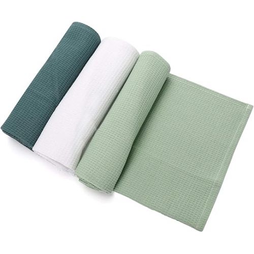  Dish Cloths Dish Towels Set, Cotton Waffle Weave Kitchen Towels, Ultra Soft Absorbent Hand Towels in Large Size, Set of 3 (Green Set)