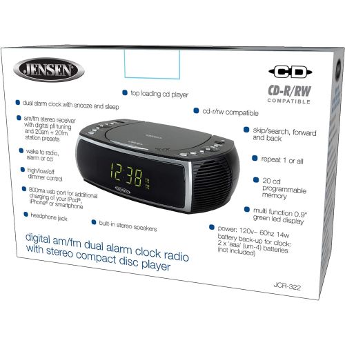  [아마존베스트]Jensen Modern Home CD Tabletop Stereo Clock Digital AM/FM Radio CD Player Dual Alarm Clock Stereo CD Top-Loading Disc Player | USB Charging Port DV 5V 800mA | Headphone Jack | 0.9