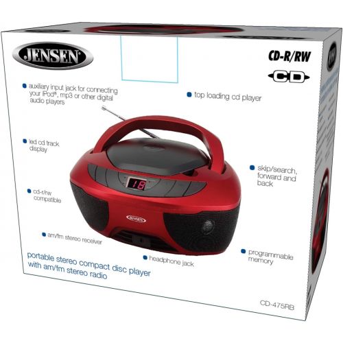  [아마존베스트]Jensen CD-475R Portable Sport Stereo Boombox CD Player with AM/FM Radio and Aux Line-in & Headphone Jack (Red)