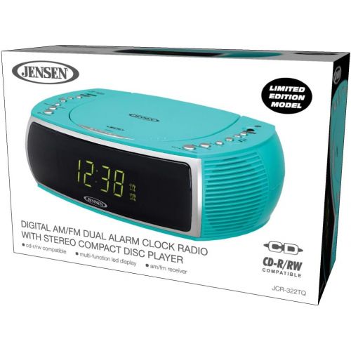  [아마존베스트]Jensen Turquoise Modern Home CD Tabletop Stereo Clock Digital AM/FM Radio CD Player Dual Alarm Clock Stereo CD Top-Loading Disc Player | USB Charging Port DV 5V 800mA | Headphone J