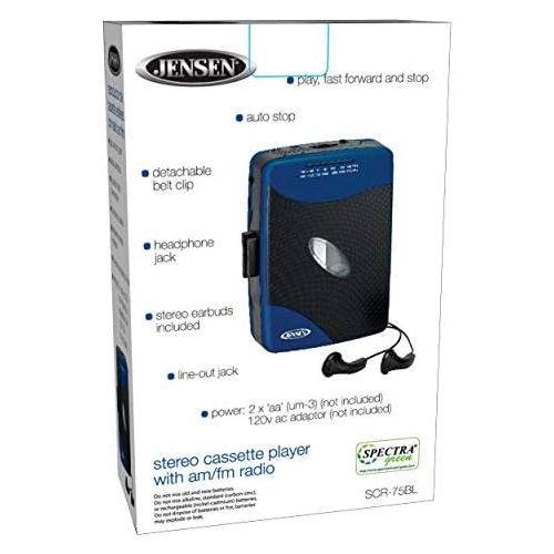  [아마존베스트]Jensen Portable Stereo Cassette Player with AM/FM Radio + Sport Earbuds (Blue)