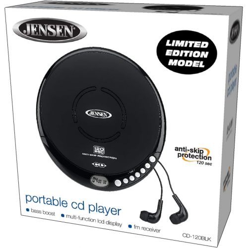  [아마존베스트]Jensen Portable CD-120BK Portable Personal CD Player Compact 120 SEC Anti-Skip CD Player  Lightweight & Shockproof Music Disc Player & FM Radio Pro-Earbuds for Kids & Adults