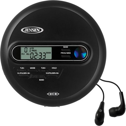  [아마존베스트]Jensen Portable CD Player Personal CD/MP3 Player + AM/FM Radio + with LCD Display Bass Boost 60-Second Anti Skip CD R/RW/Compatible+ Sport Earbuds Included (Limited Edition Black S