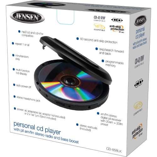  [아마존베스트]Jensen Portable CD Player Personal CD/MP3 Player + AM/FM Radio + with LCD Display Bass Boost 60-Second Anti Skip CD R/RW/Compatible+ Sport Earbuds Included (Limited Edition Black S