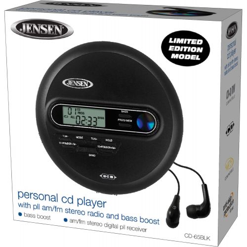  [아마존베스트]Jensen Portable CD Player Personal CD/MP3 Player + AM/FM Radio + with LCD Display Bass Boost 60-Second Anti Skip CD R/RW/Compatible+ Sport Earbuds Included (Limited Edition Black S