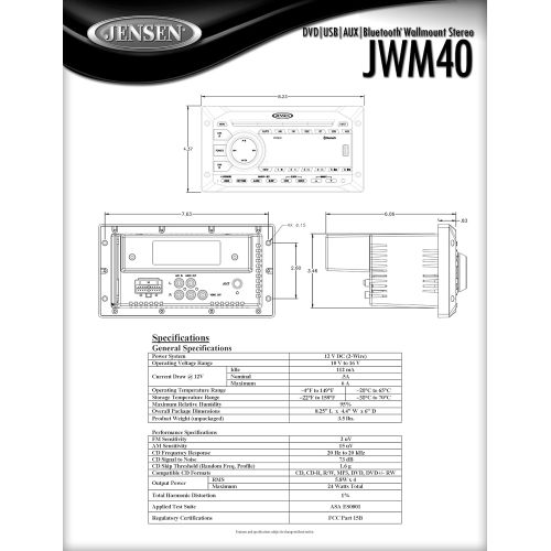  [아마존베스트]Jensen JWM40 DVD/USB/AUX/BT Stereo