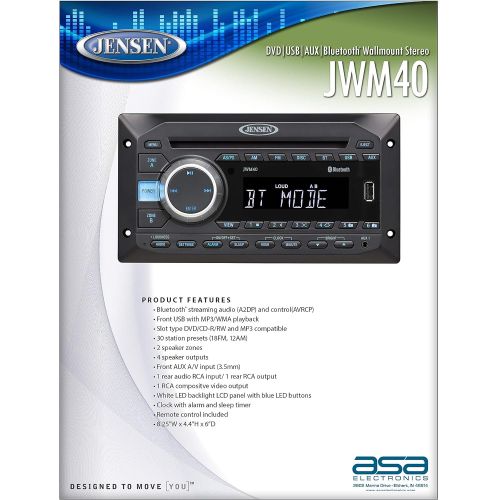  [아마존베스트]Jensen JWM40 DVD/USB/AUX/BT Stereo