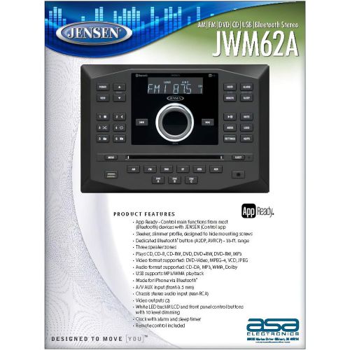  [아마존베스트]Jensen JWM62A AM|FM|DVD|CD|USB|AUX|App Ready Bluetooth Wallmount Stereo w/App Control, 3-Speaker Zones / 8 Speaker Output 8X 6 Watt, Receives Bluetooth Audio (A2DP) & Controls (AVR